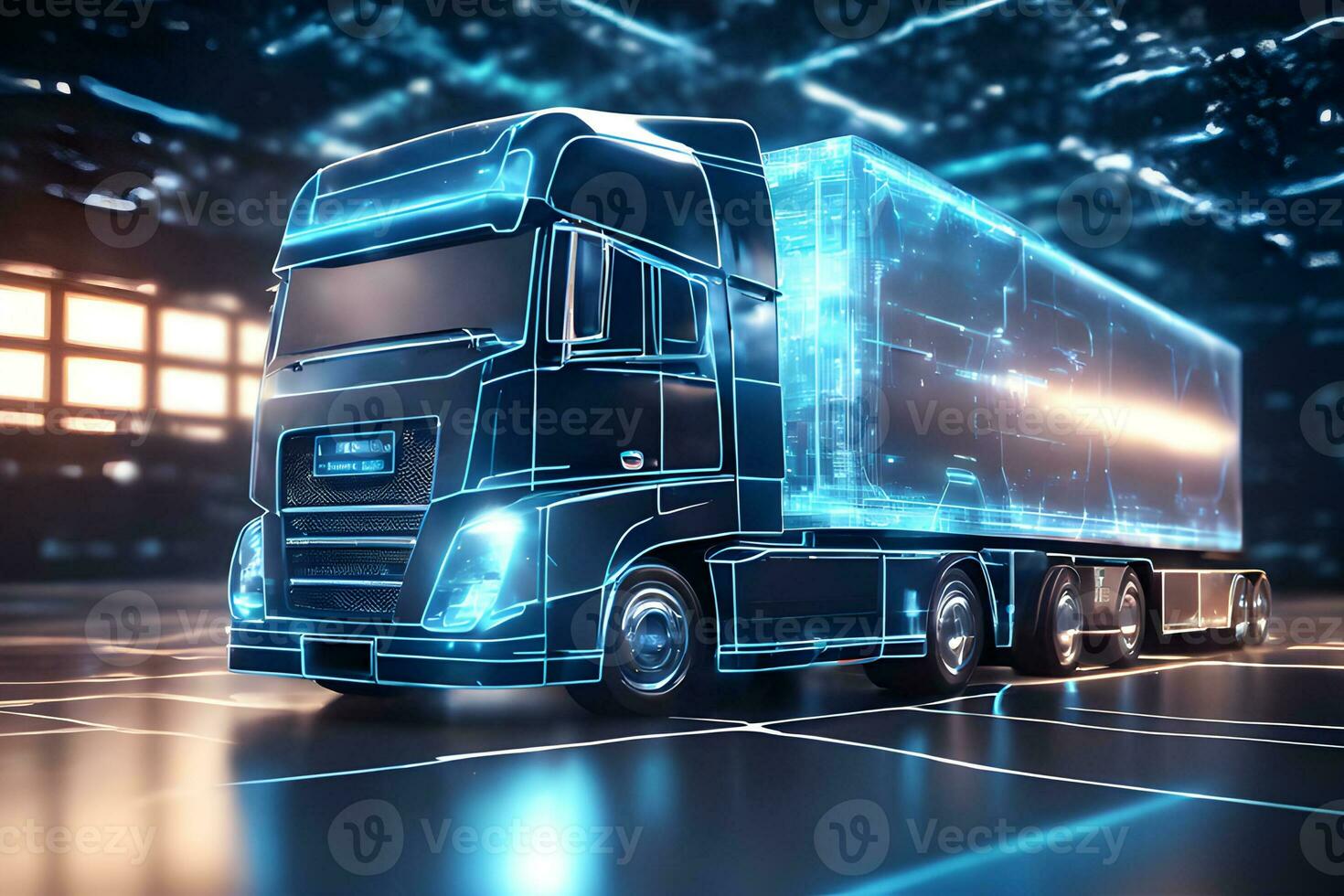 Tractor truck. 3d illustrator rendering lorry van. Highway road. futuristic city dark blue background. Transportation, logistics shipping concept. Digital polygonal hologram.AI Generated photo