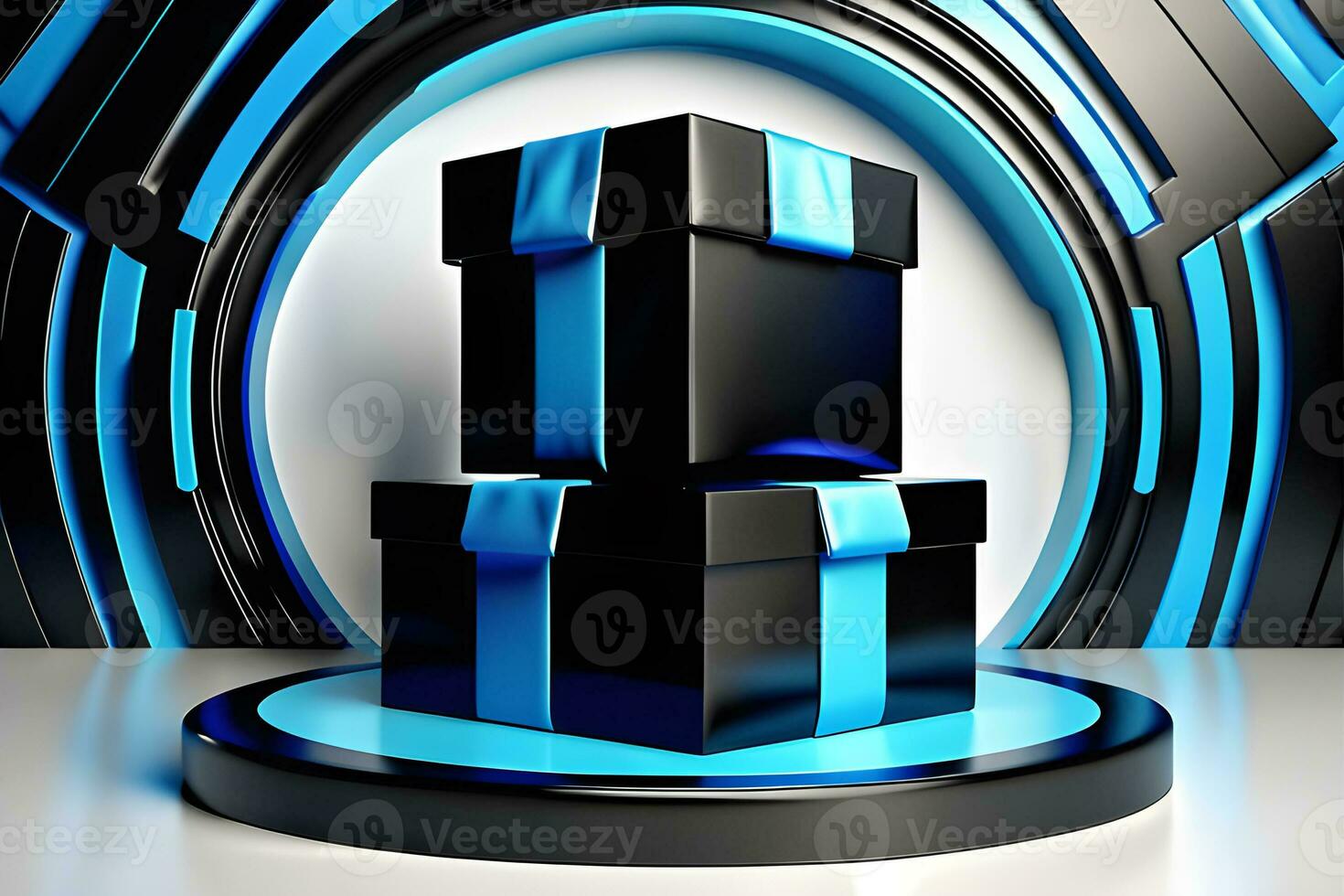 Blue Circle pedestal in eleglance luxuary for product presentation and white plaster wall.Ai generated photo