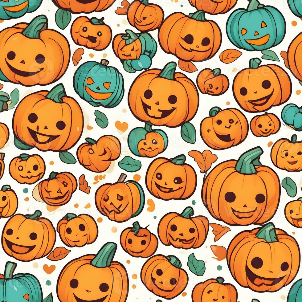 Happy Halloween banner or party invitation background with ghosts and pumpkins Group of illustration glowing pumpkin on treat or trick fantasy fun party celebration design AI generated photo