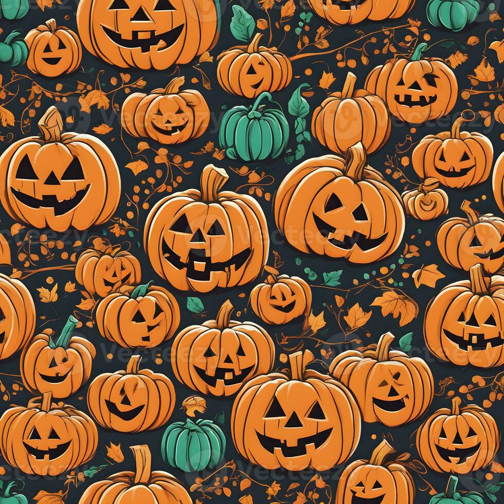 Happy Halloween banner or party invitation background with ghosts and pumpkins Group of illustration glowing pumpkin on treat or trick fantasy fun party celebration design AI generated photo