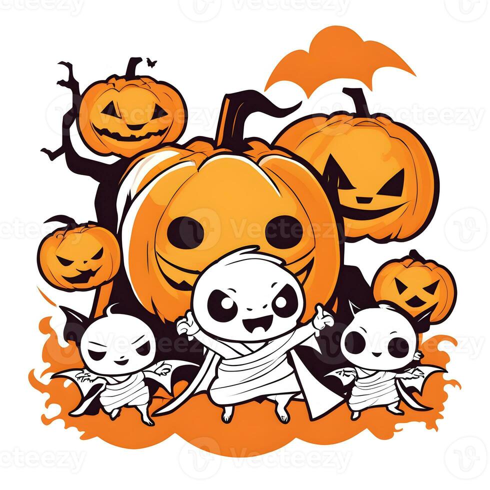 Happy Halloween banner or party invitation background with ghosts and pumpkins Group of illustration glowing pumpkin on treat or trick fantasy fun party celebration design AI generated photo