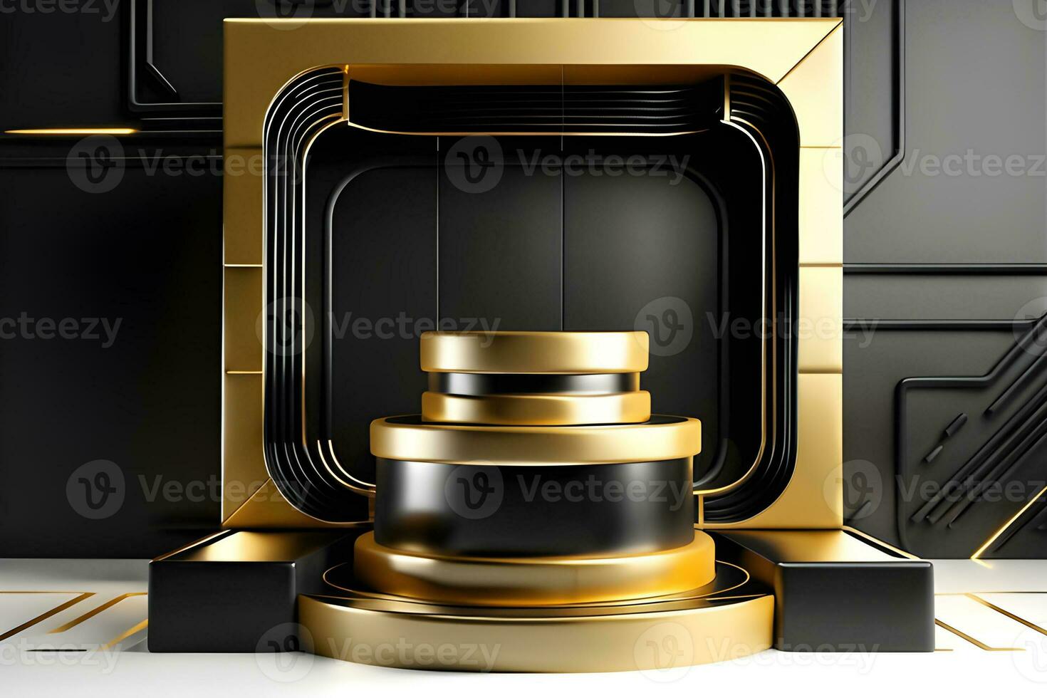 oro circulo pedestal en elegancia lujo para producto presentación y blanco yeso pared.ai generado foto