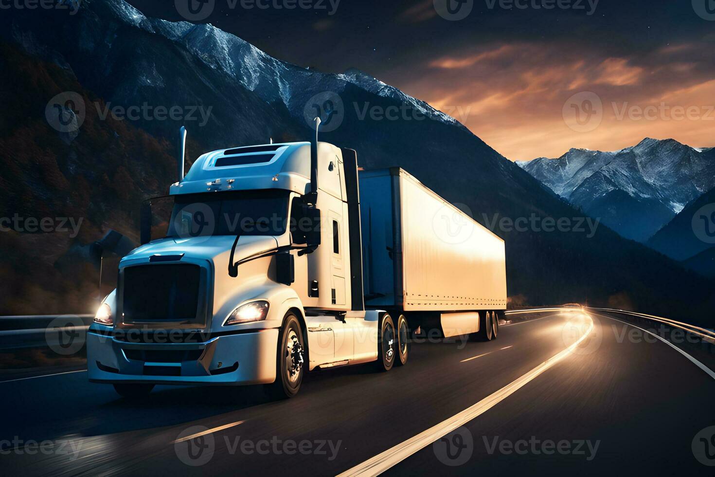Tractor truck. 3d illustrator rendering lorry van. Highway road. futuristic city dark blue background. Transportation, logistics shipping concept. Digital polygonal hologram.AI Generated photo