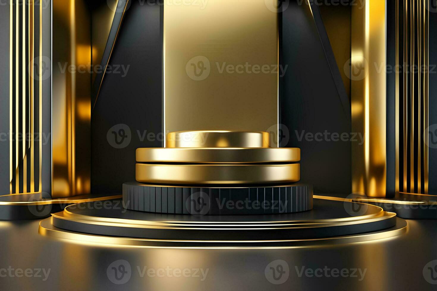 Gold Circle pedestal in eleglance luxuary for product presentation and white plaster wall.Ai generated photo