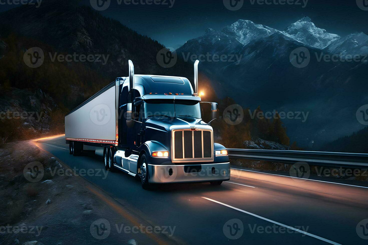 Tractor truck. 3d illustrator rendering lorry van. Highway road. futuristic city dark blue background. Transportation, logistics shipping concept. Digital polygonal hologram.AI Generated photo