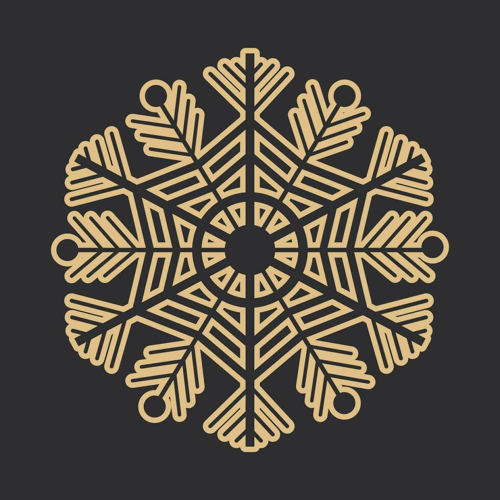 Golden snowflake crystal elegant line christmas decoration on dark background,winter ornament frozen element. Vector illustration