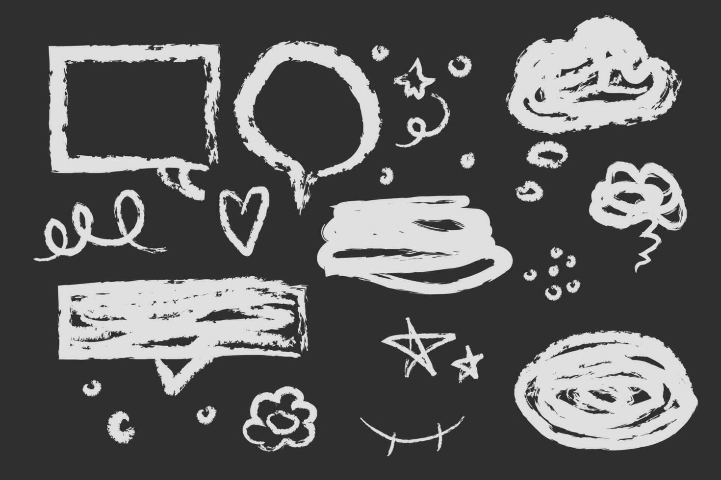 Set wax crayon, white chalk doodle elements speech bubbles, lines, stars, marks hand drawn isolated on black background. Textured brush stroke,. Vector illustration