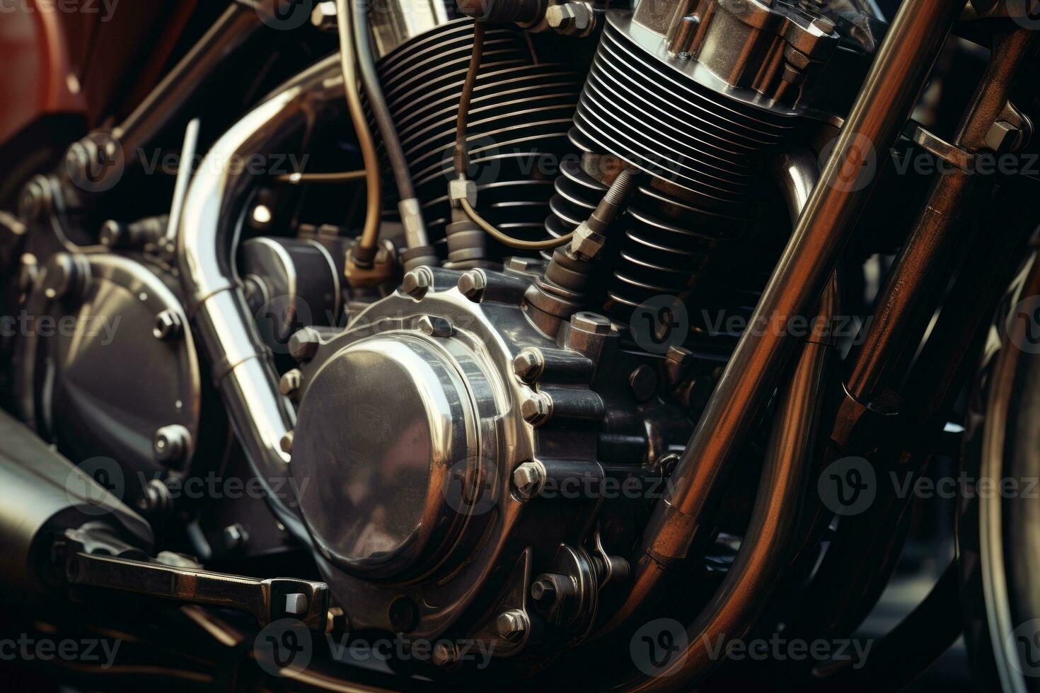 Close up view of a shiny motorcycle engine, AI Generated photo