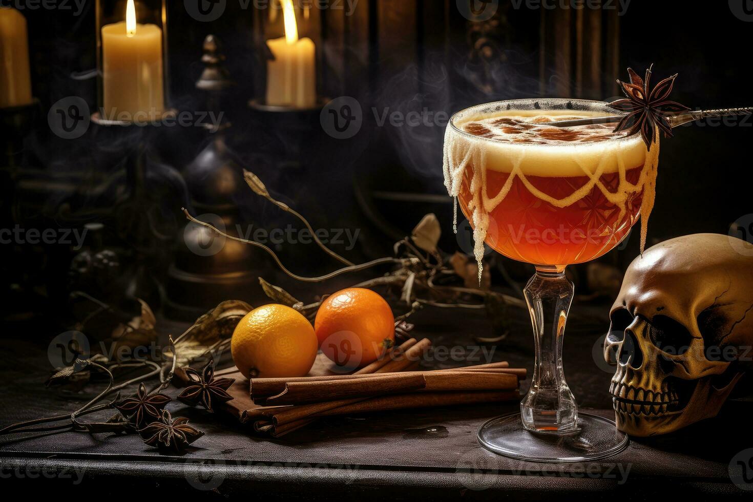 Bloody Mary cocktail in glass, smoke coming up. AI Generated photo