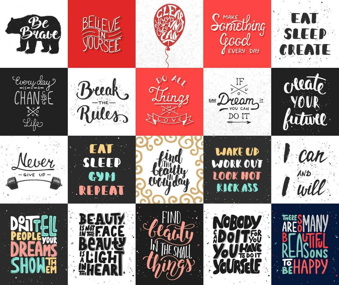 Set of 20 vector motivational and inspirational lettering posters, greeting cards, decoration, prints, t-shirt design. Hand drawn typography. Handwritten lettering. Modern ink brush calligraphy.