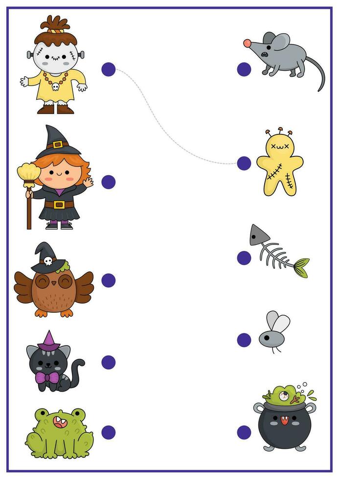 Halloween matching activity with cute kawaii witch, owl, cat, monster. Autumn holiday puzzle with cauldron, mouse, frog. Match the objects game. All saints day match up printable page vector