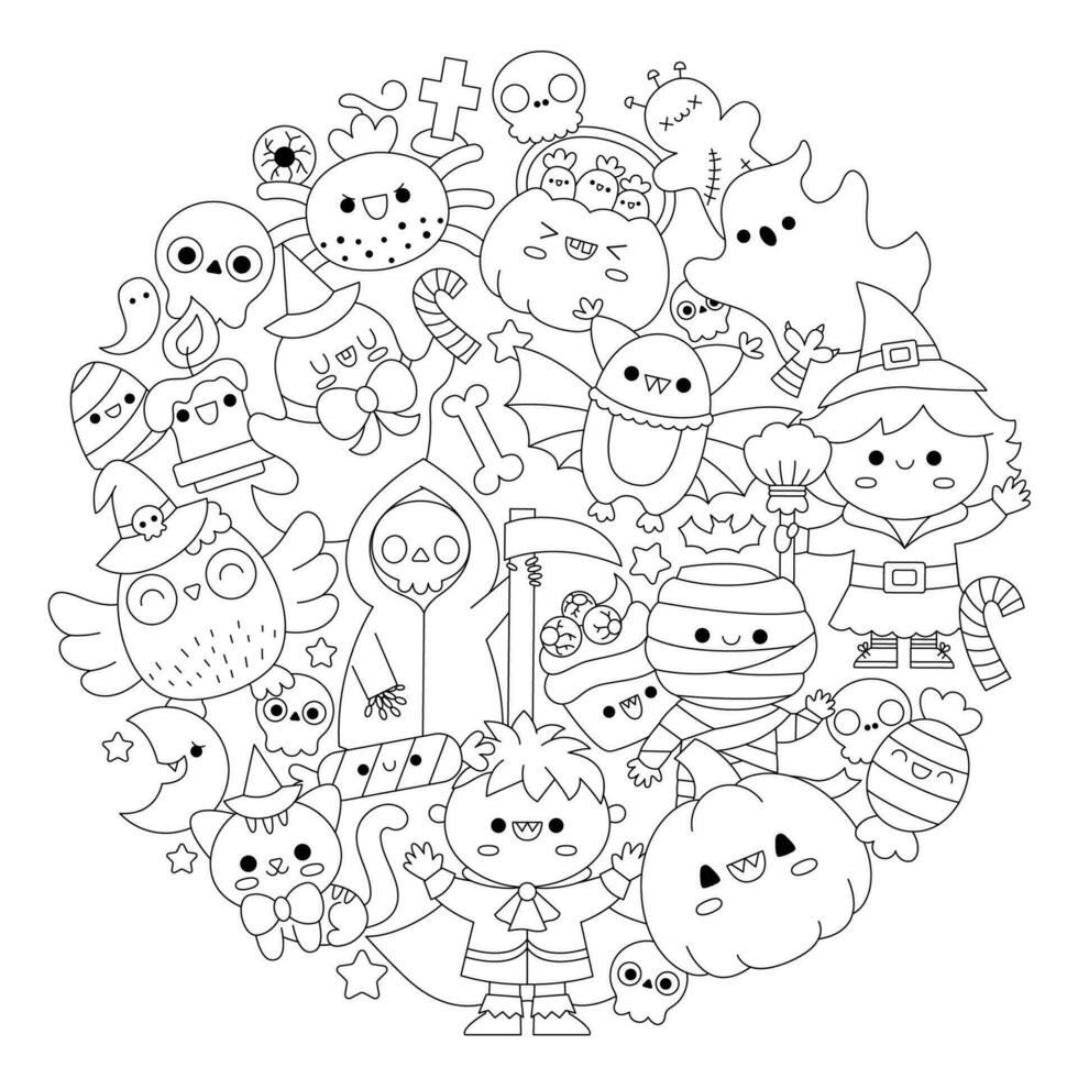 Vector Halloween round line coloring page for kids with cute kawaii characters. Black and white autumn holiday illustration with funny witch, vampire, ghost, pumpkin framed in circle