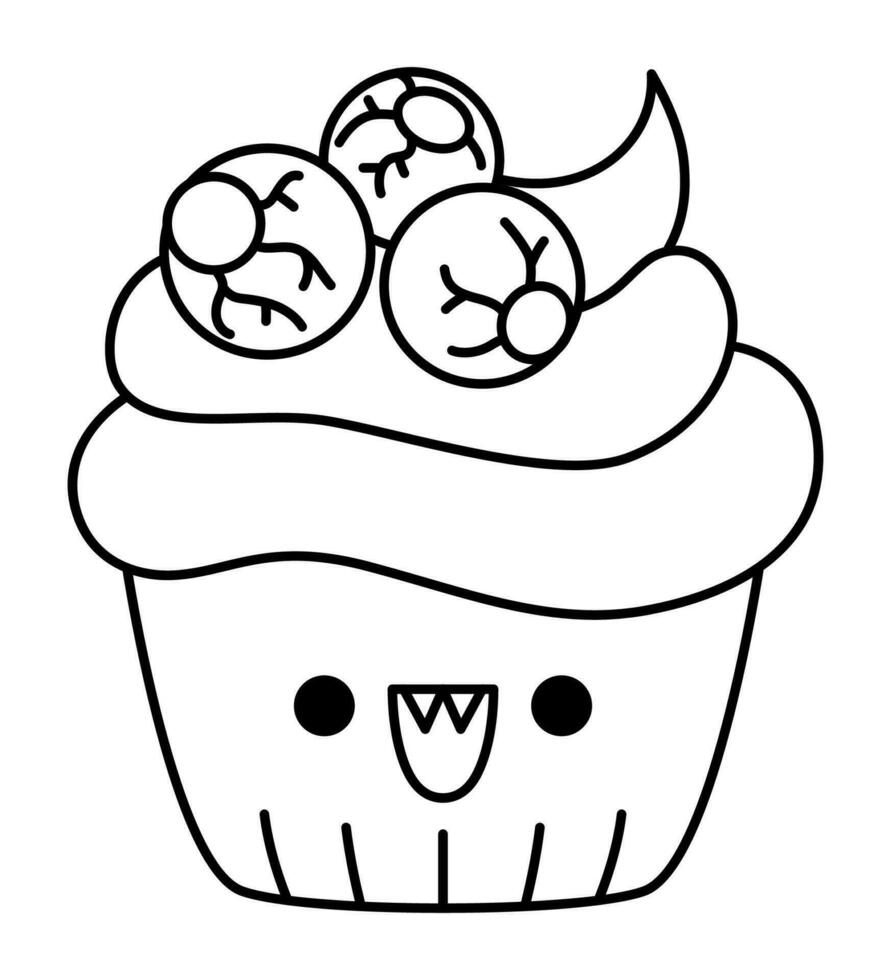 Vector black and white kawaii cup cake with eyes in cream. Cute smiling Halloween line character for kids. Funny autumn dessert for trick or treat game. Samhain icon or coloring page