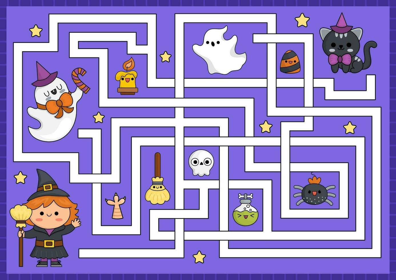 Halloween maze for kids. Autumn holiday preschool printable activity with cute kawaii witch, cat, ghost. Scary labyrinth game or puzzle with cute characters. All saints day worksheet for children vector