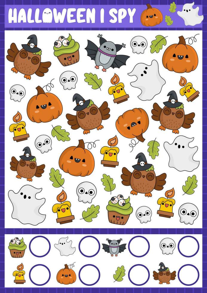 Halloween I spy game for kids. Searching and counting activity with cute kawaii holiday symbols. Scary autumn printable worksheet for preschool children. Simple all saints day spotting puzzle vector