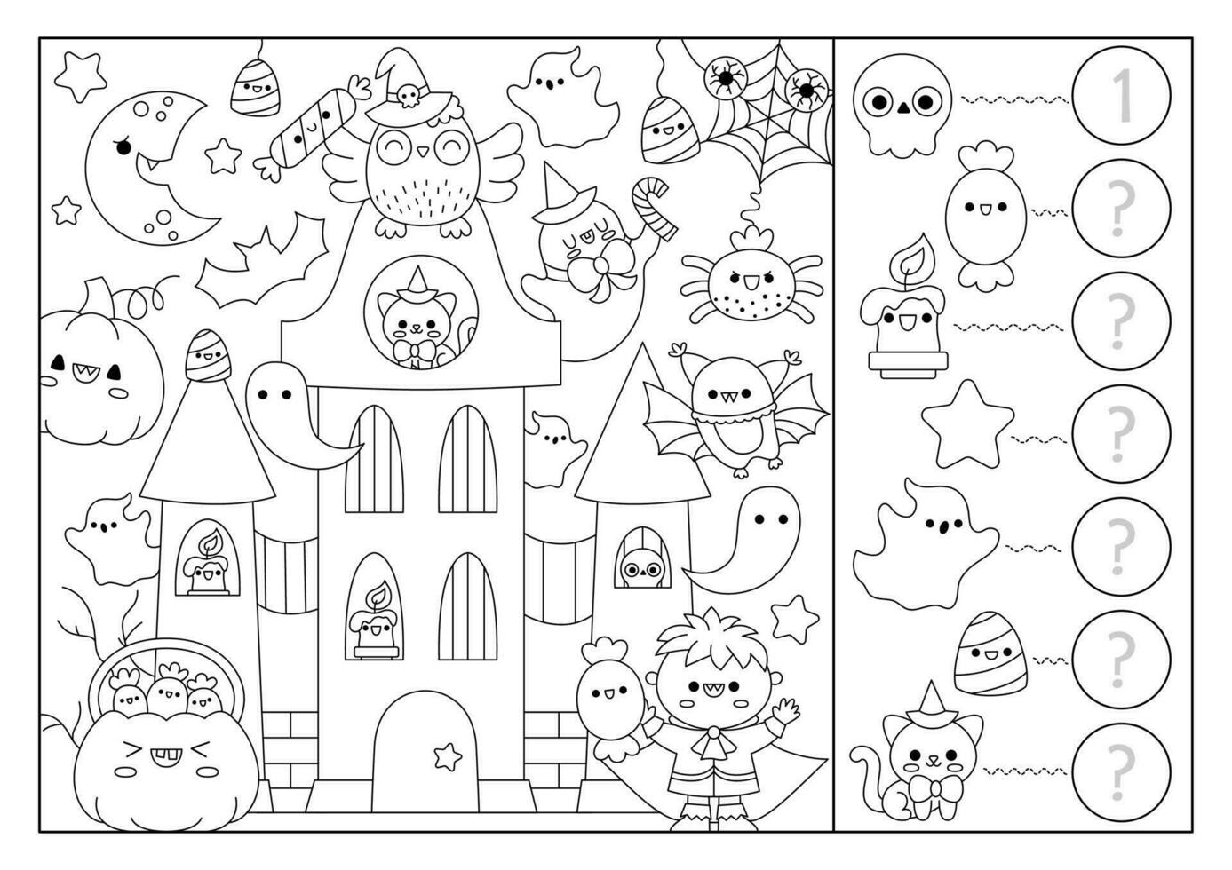 Vector black and white Halloween searching game with haunted house and kawaii characters. Spot hidden objects, say how many. Simple autumn holiday seek and find counting coloring page