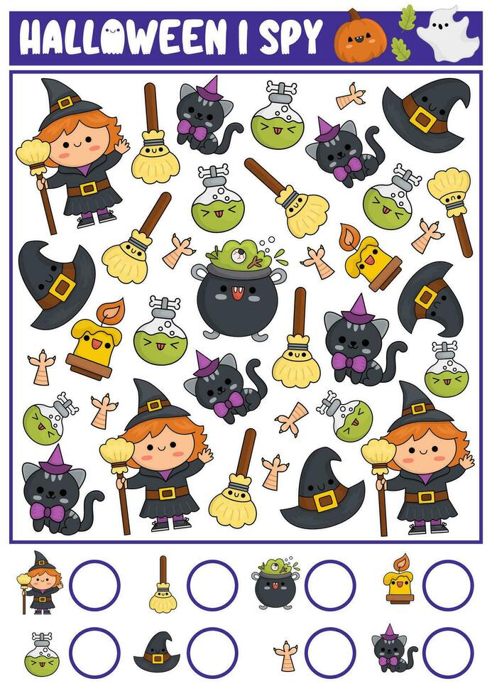 Halloween I spy game for kids. Searching and counting activity with cute kawaii witch. Scary autumn printable worksheet for preschool children. Simple all saints day spotting puzzle vector