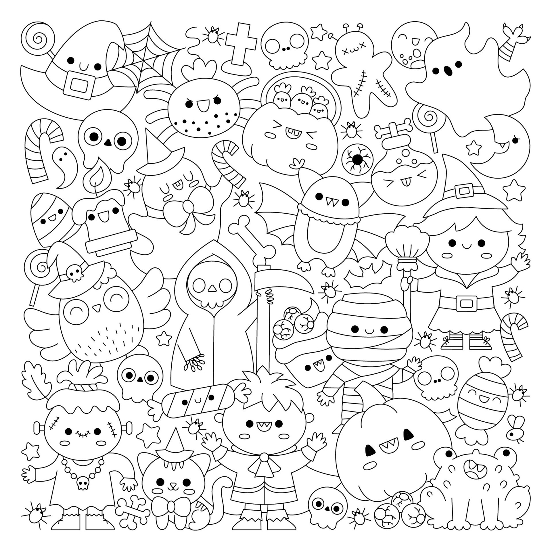 Vector Halloween square line coloring page for kids with cute kawaii