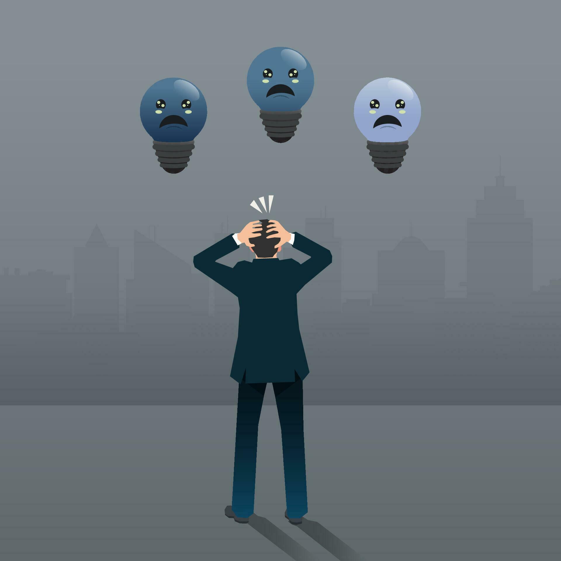 Businessmen standing looking at sad bulbs. Light bulbs off, no ideas