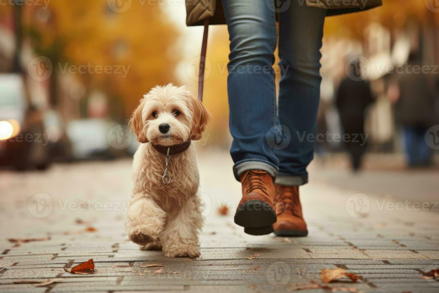 dog walking with unrecognizable owner in city street crosswalk, AI Generated photo