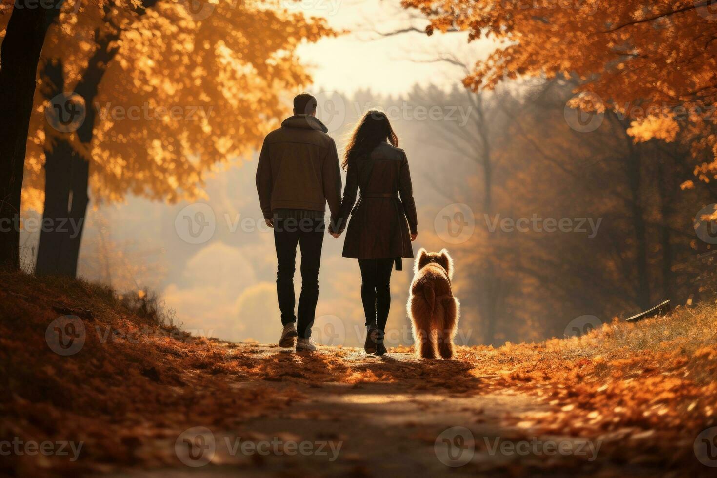 young couple walking dog in the park in autumn day, AI Generated photo