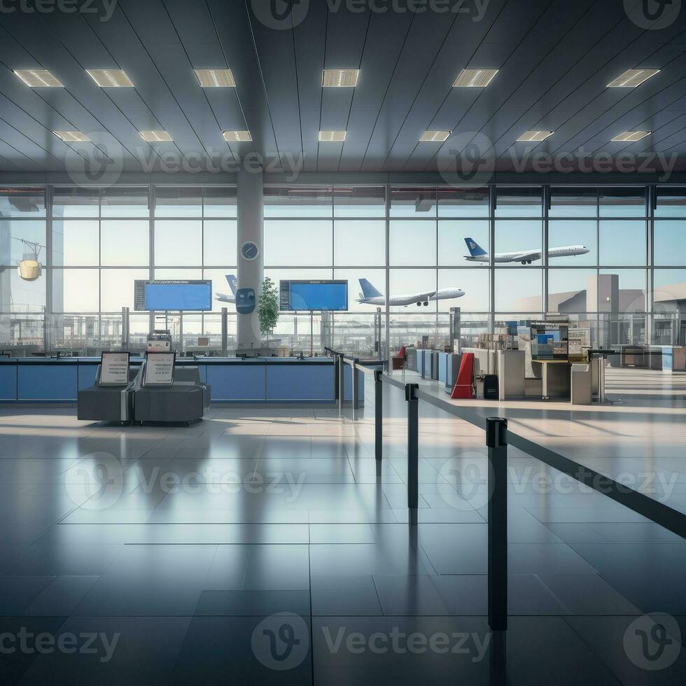 Empty departure lounge in airport, AI Generated photo
