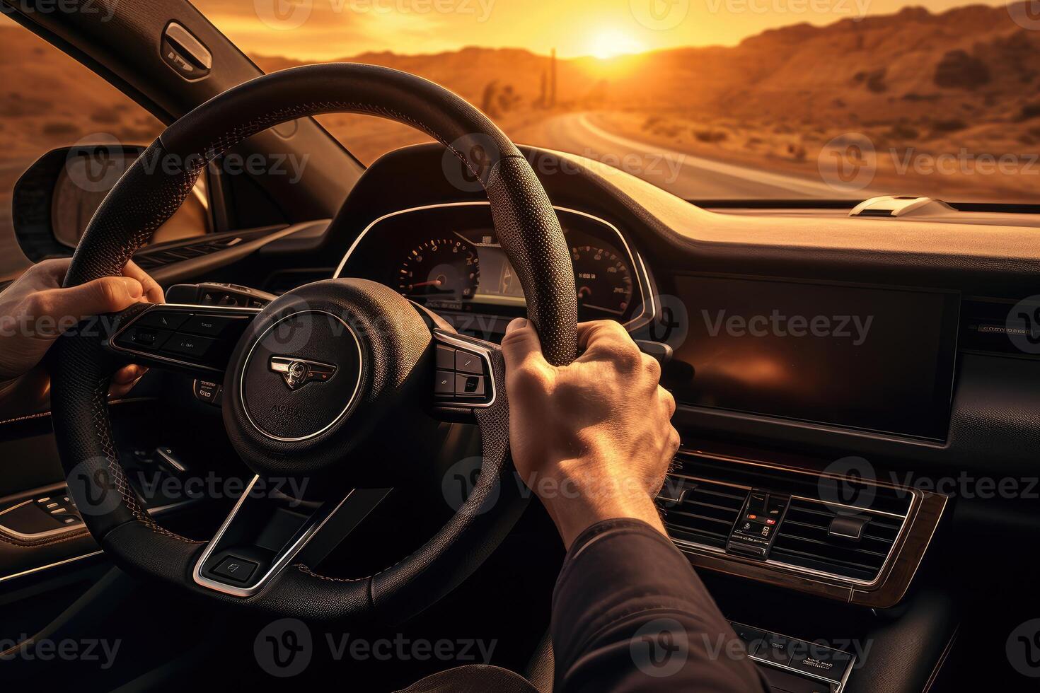 Man driving a car using navigator, photo