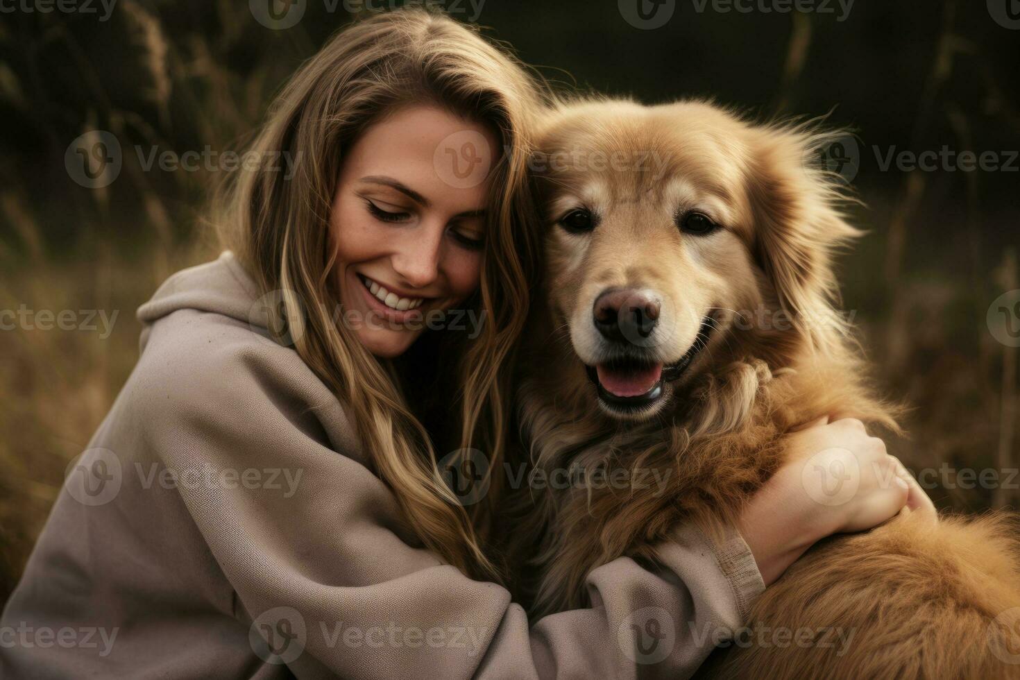 young adult woman holding her dog , outdoor autumn park, AI Generated photo