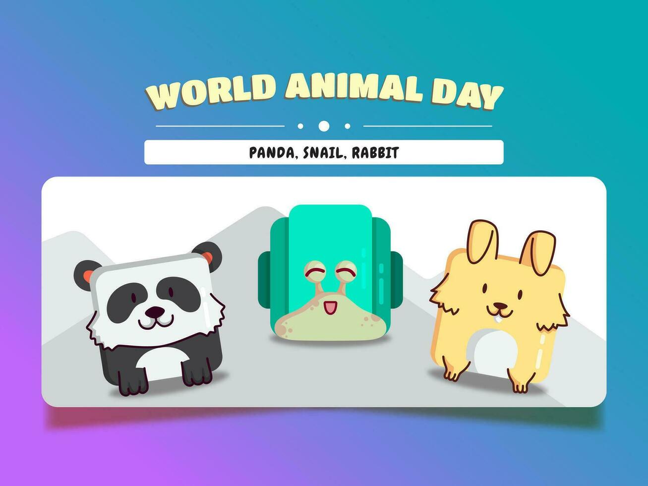 World animal day, square animal cartoon set panda, snail, and rabbit. vector