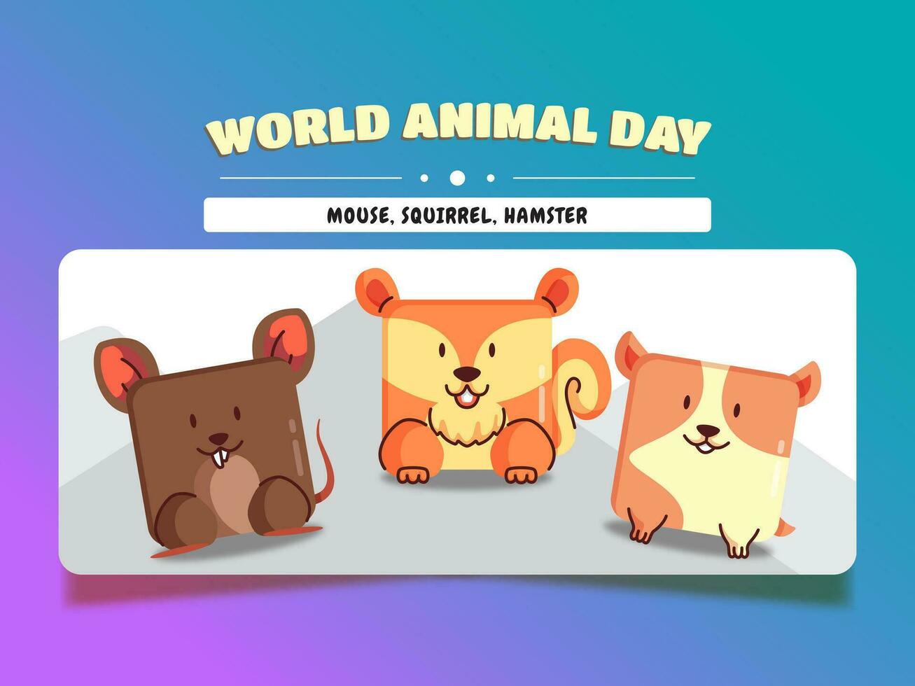 World animal day, square animal cartoon set mouse, squirrel, and hamster. vector