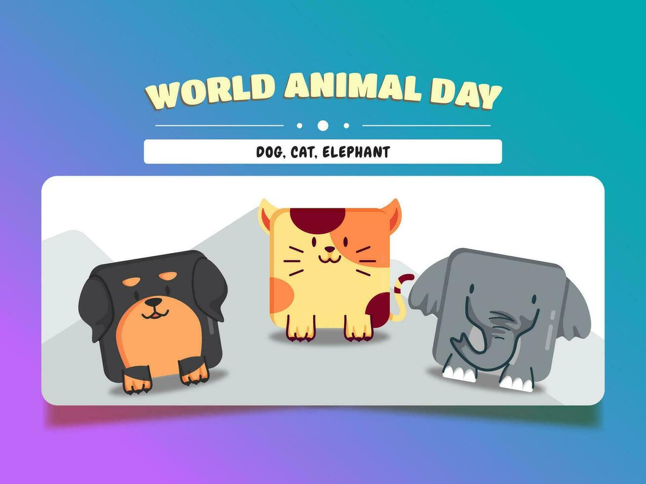 World animal day, square animal cartoon set dog, cat, and elephant. vector