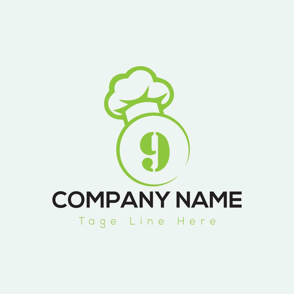 Chef Logo On Letter 9 Template. Restaurant On 9 Letter, Initial Food Sign Concept, Food House logo icon vector