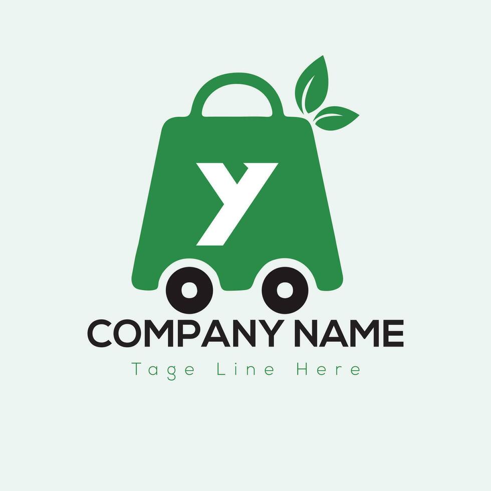 Eco Shopping Logo On Letter Y Template. Eco Online cart On Y Letter, Initial Shopping Sign Concept vector