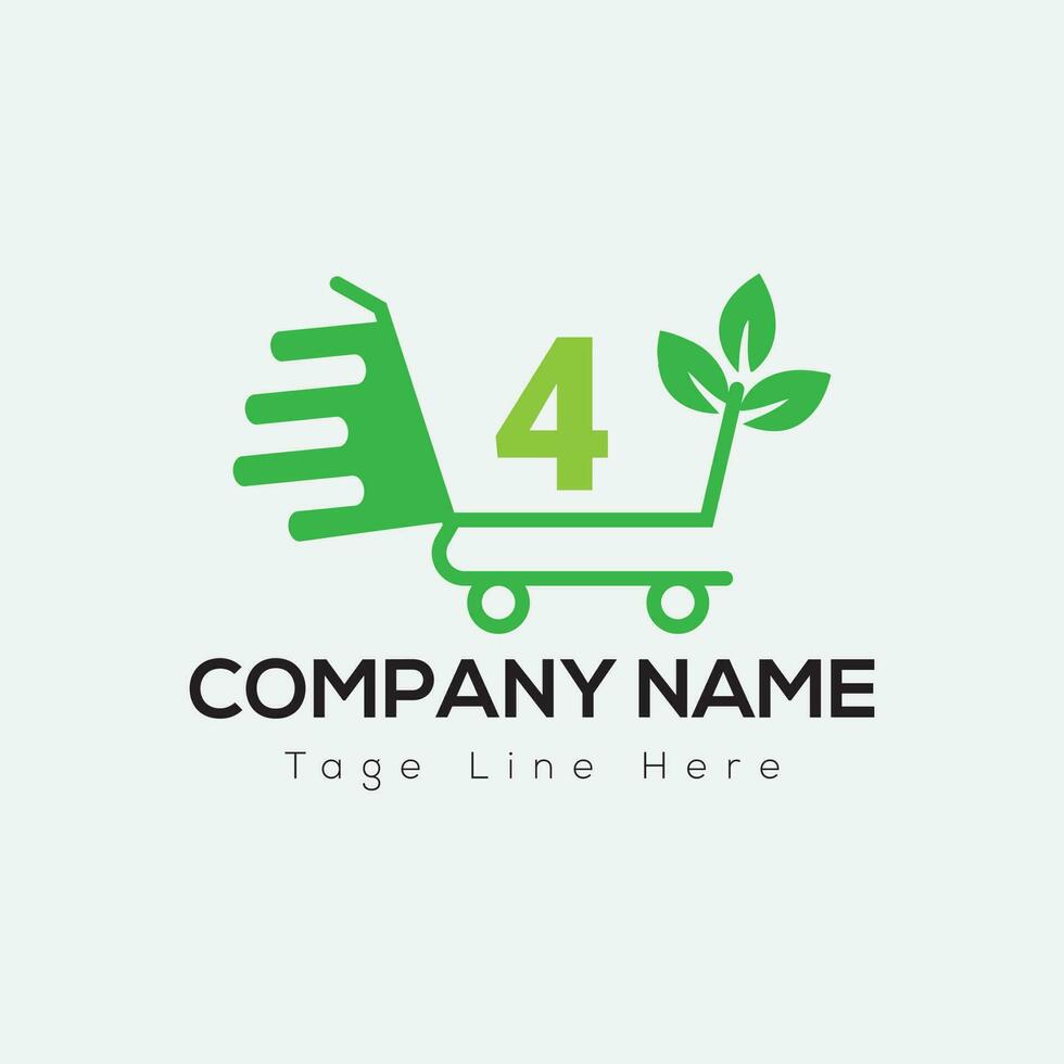 Eco Shopping Logo On Letter 4 Template. Eco Online cart On 4 Letter, Initial Shopping Sign Concept vector