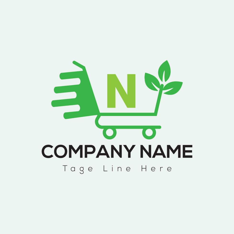 Eco Shopping Logo On Letter N Template. Eco Online cart On N Letter, Initial Shopping Sign Concept vector