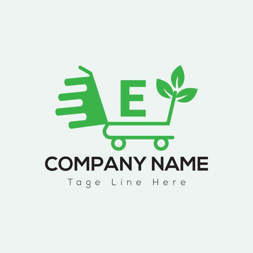 Eco Shopping Logo On Letter E Template. Eco Online cart On E Letter, Initial Shopping Sign Concept vector