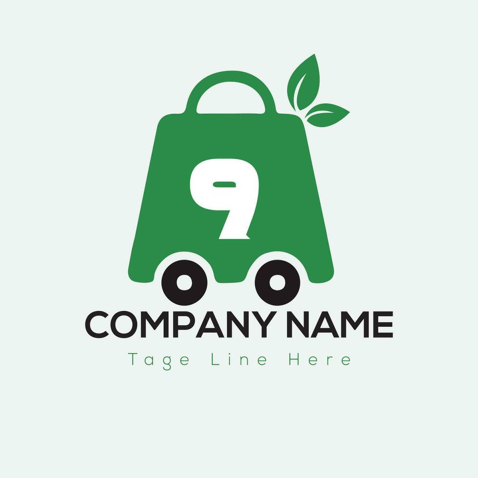 Eco Shopping Logo On Letter 9 Template. Eco Online cart On 9 Letter, Initial Shopping Sign Concept vector