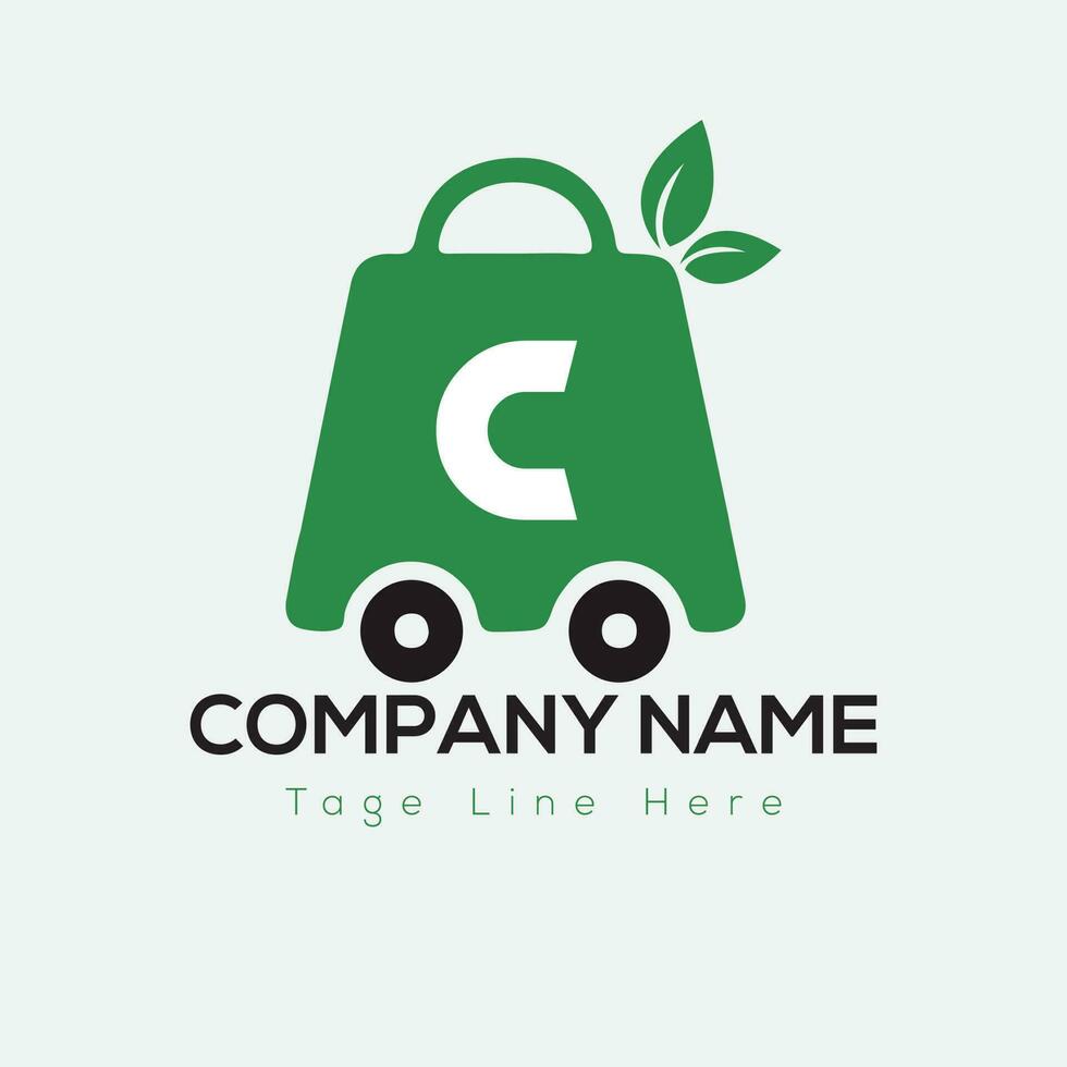 Eco Shopping Logo On Letter C Template. Eco Online cart On C Letter, Initial Shopping Sign Concept vector