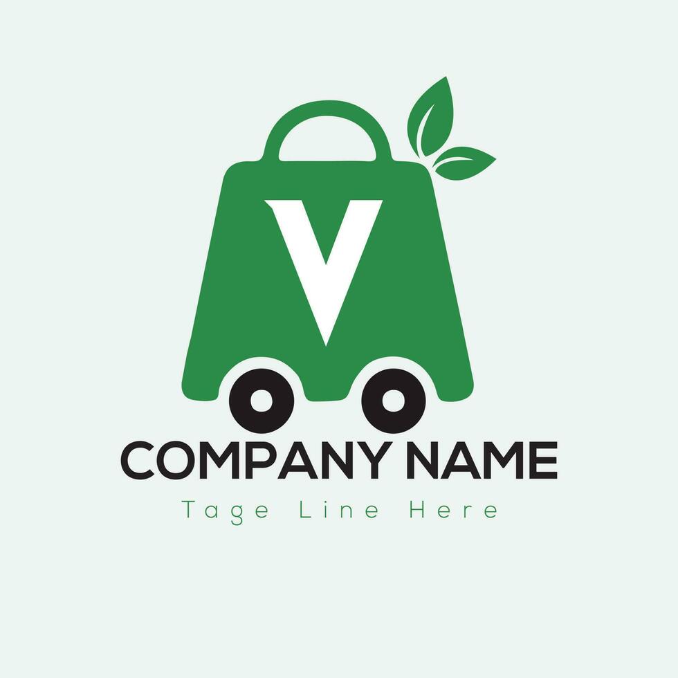 Eco Shopping Logo On Letter V Template. Eco Online cart On V Letter, Initial Shopping Sign Concept vector