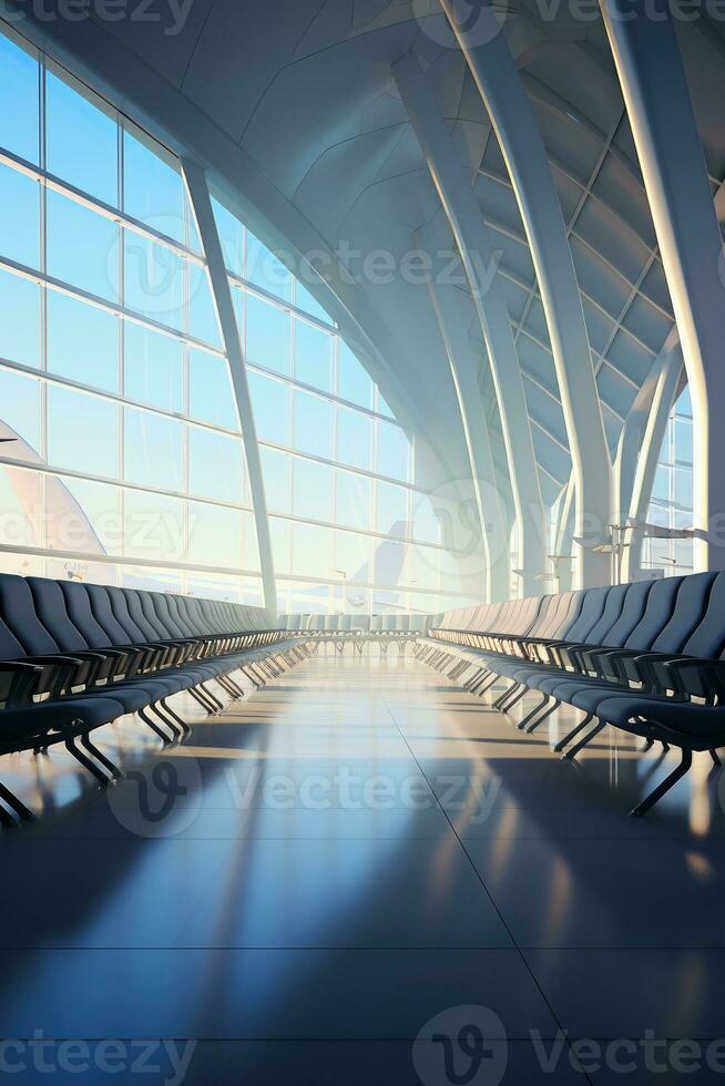Empty departure lounge in airport, AI Generated photo