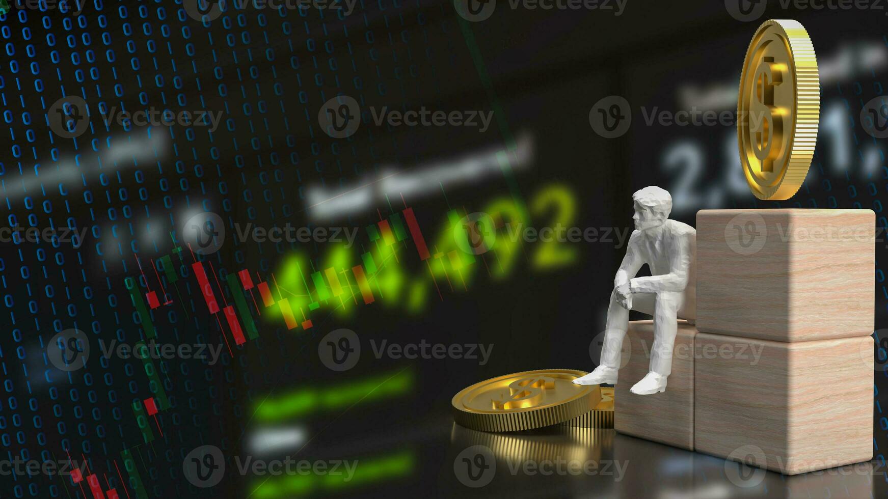 The Business man sit on wood cube  3d rendering photo