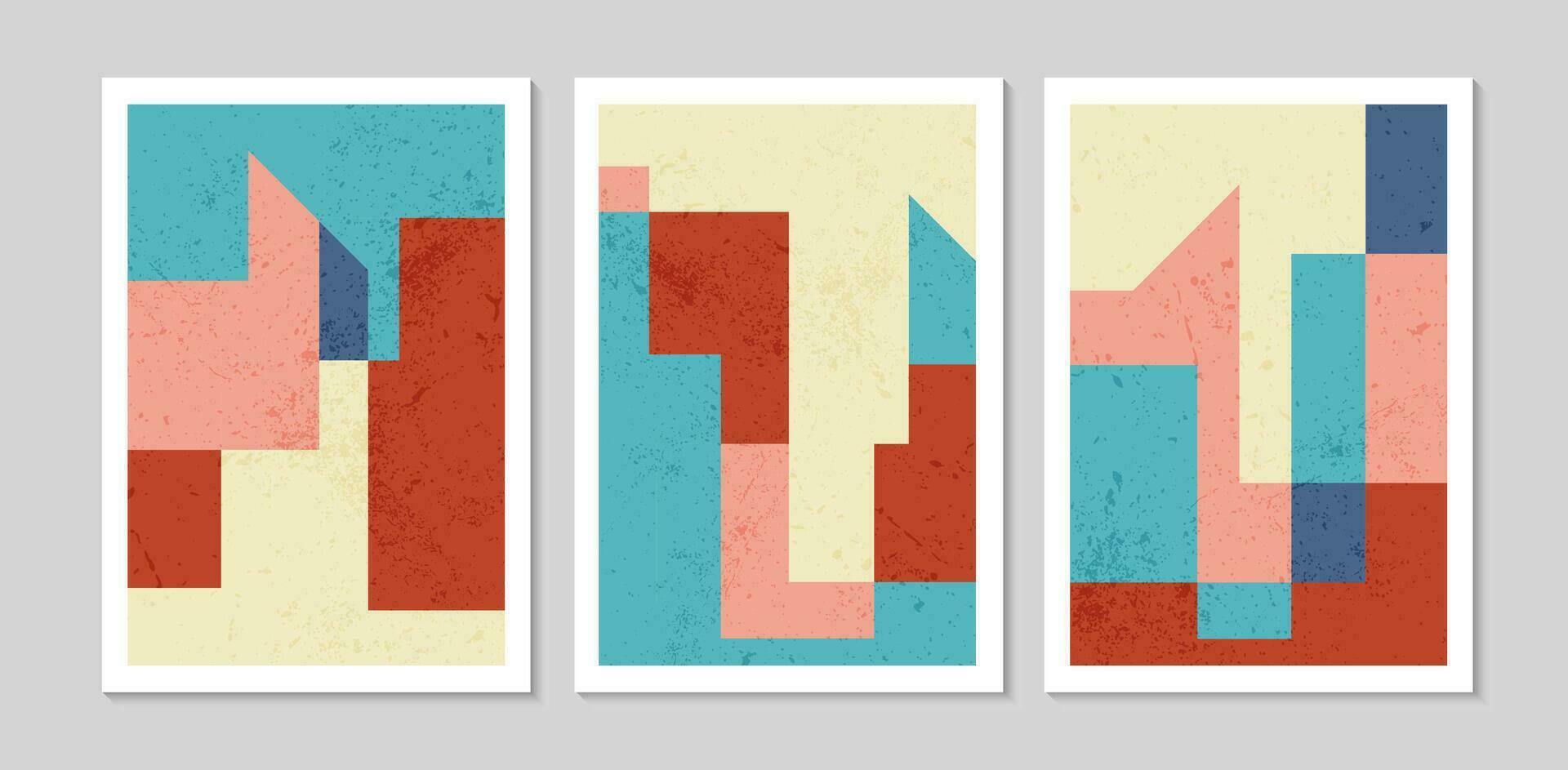 Set of abstract contemporary mid century posters with Geometric shapes and texture. Design for wallpaper, background, wall decor, cover, print, card. Modern boho minimalist art. Vector illustration.