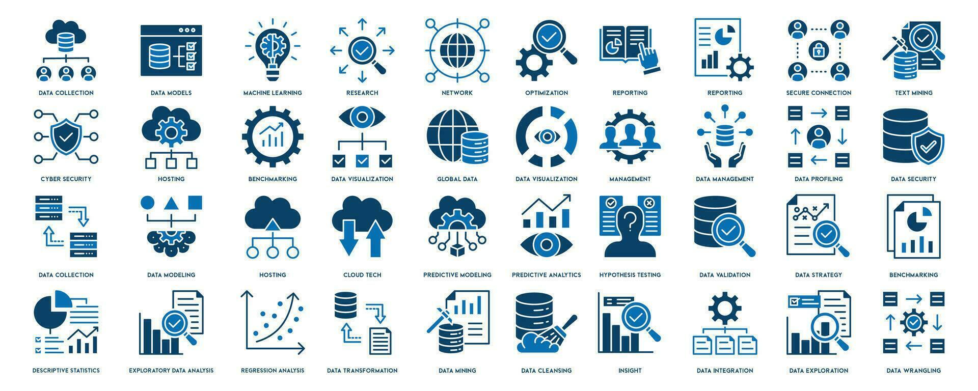 Data analytics icon set. Big data analysis technology symbol. Containing database, statistics, analytics, server, monitoring, computing and network icons vector