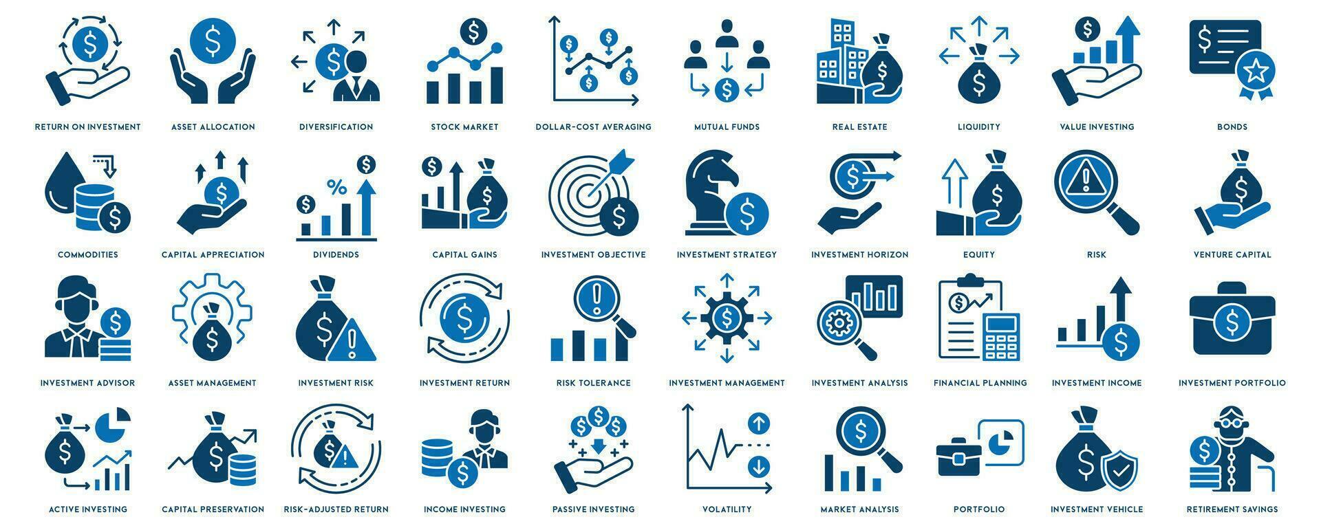 Investment icon set. Containing investor, mutual fund, asset, risk management, economy, financial gain, interest and stock icons vector