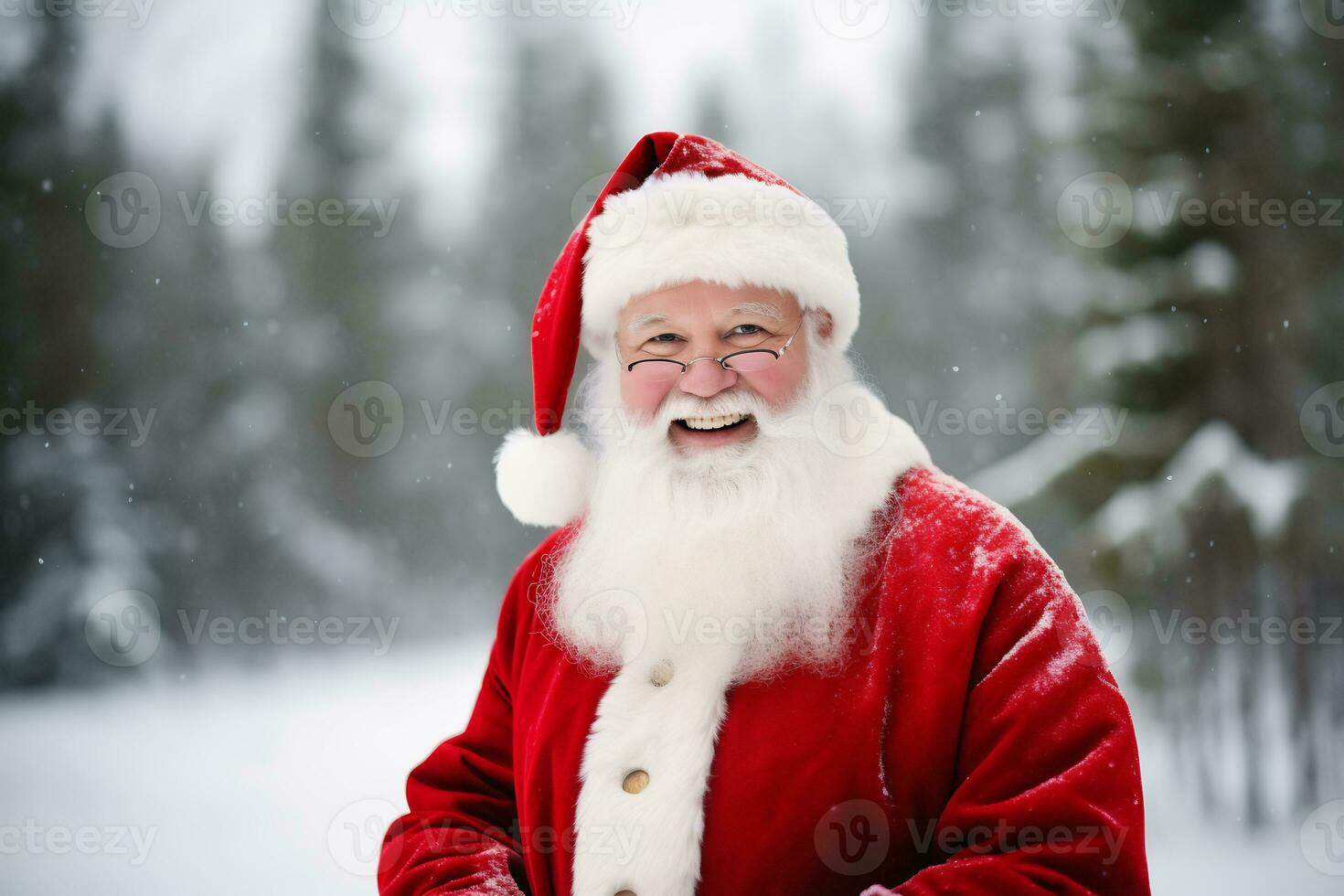 Smiling santa claus in his iconic red suit and beard photo