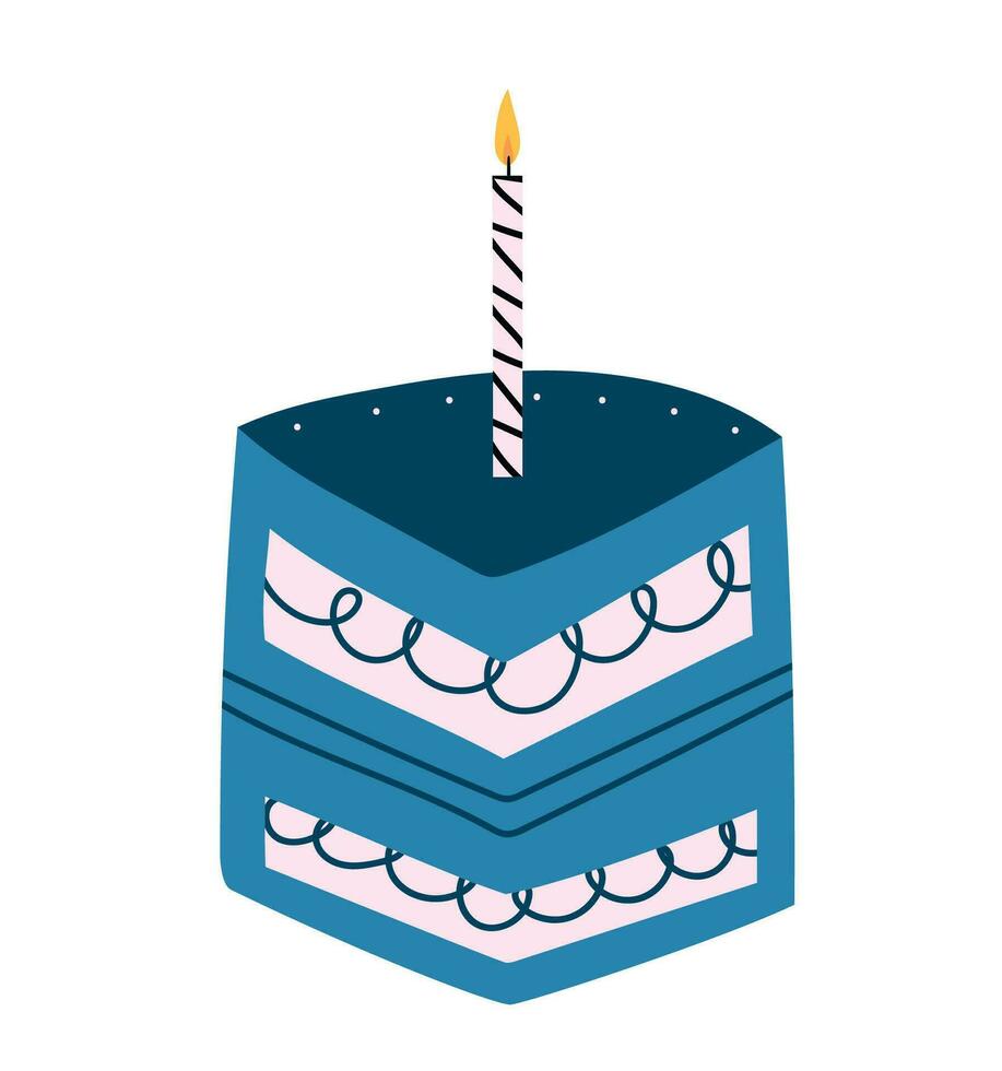 Piece of cake with candle isolated on white background. Vector for postcards and stickers. Hand drawn piece of blue decorative cake with pink candle on a white background.