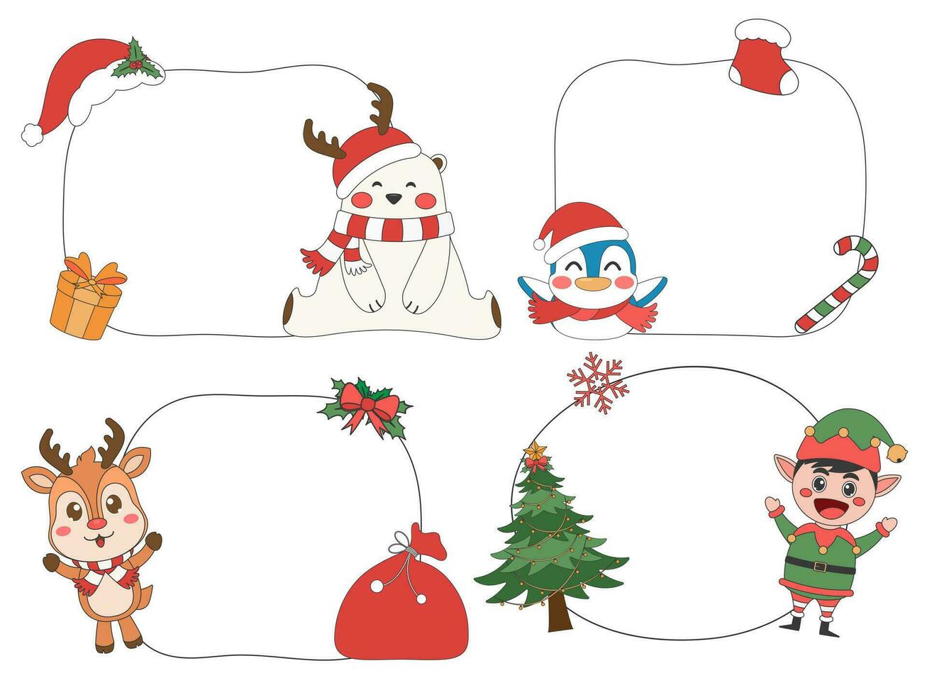 Cute Christmas tag with Christmas elements, Christmas theme line art doodle cartoon illustration, Merry Christmas. vector