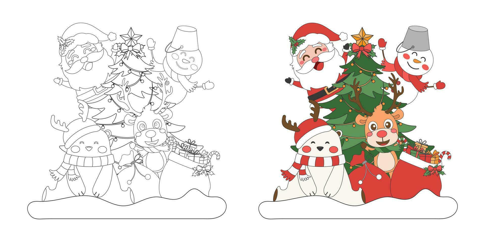 Santa Claus and cute Christmas characters with Christmas tree, Christmas theme line art doodle cartoon illustration, Coloring book for kids, Merry Christmas. vector