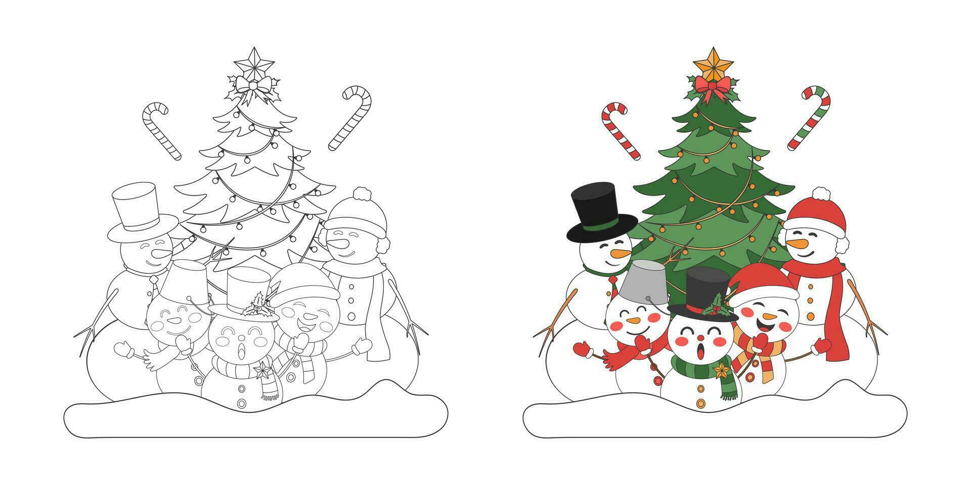 Snowman family with Christmas tree, Christmas theme line art doodle cartoon illustration, Coloring book for kids, Merry Christmas. vector