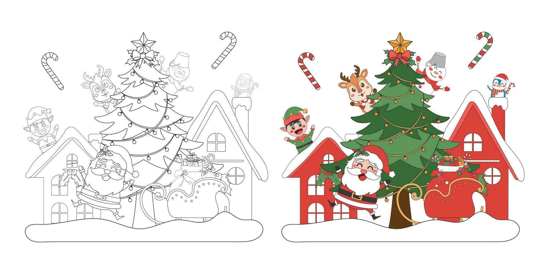 Papa Noel claus y linda Navidad caracteres con Navidad árbol en nieve aldea, Navidad tema línea Arte garabatear dibujos animados ilustración, colorante libro para niños, alegre Navidad. vector